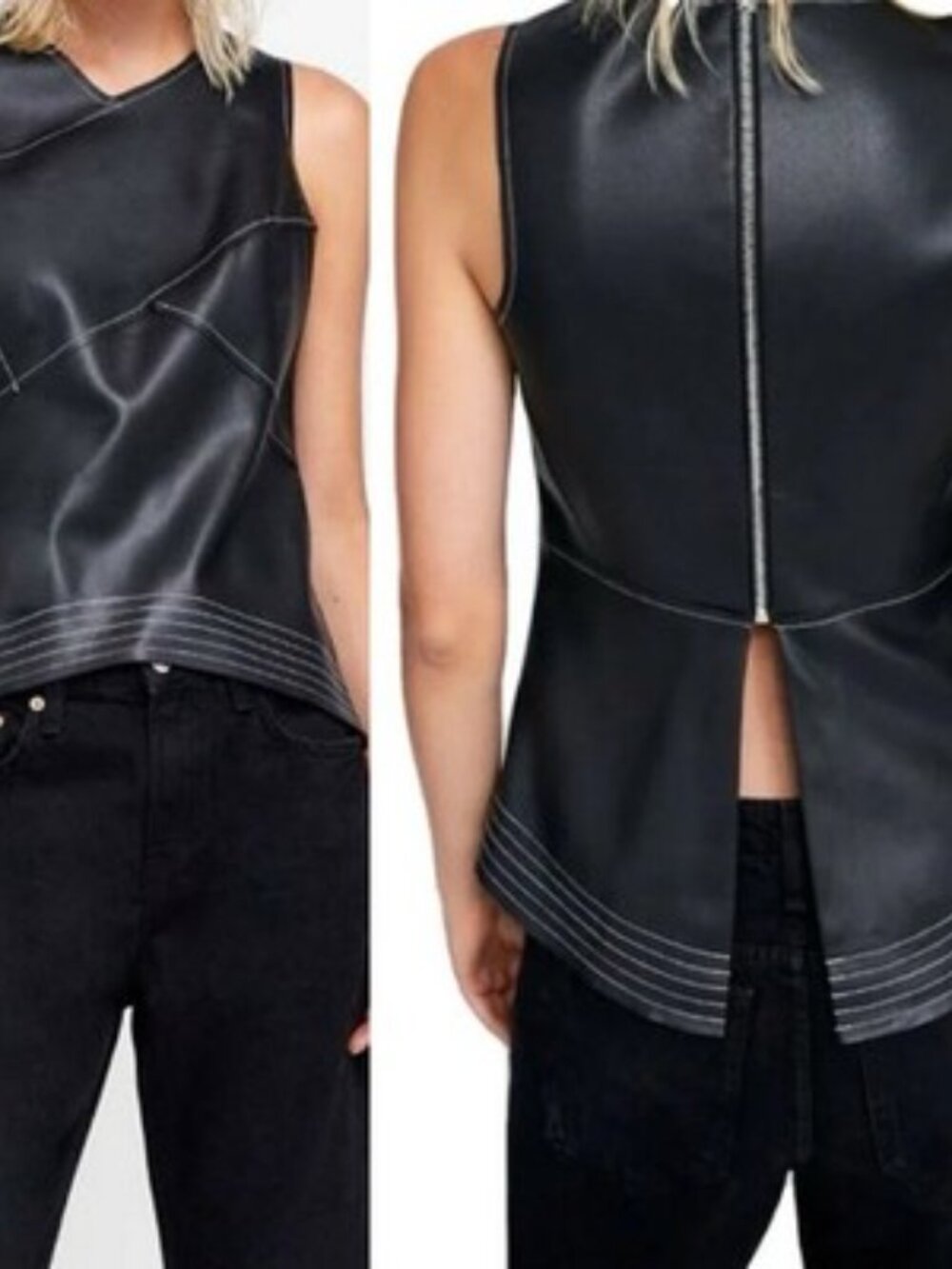 Zara Faux Leather Sleeveless Blouse Small Black Stretch Edgy Moto Bikercore